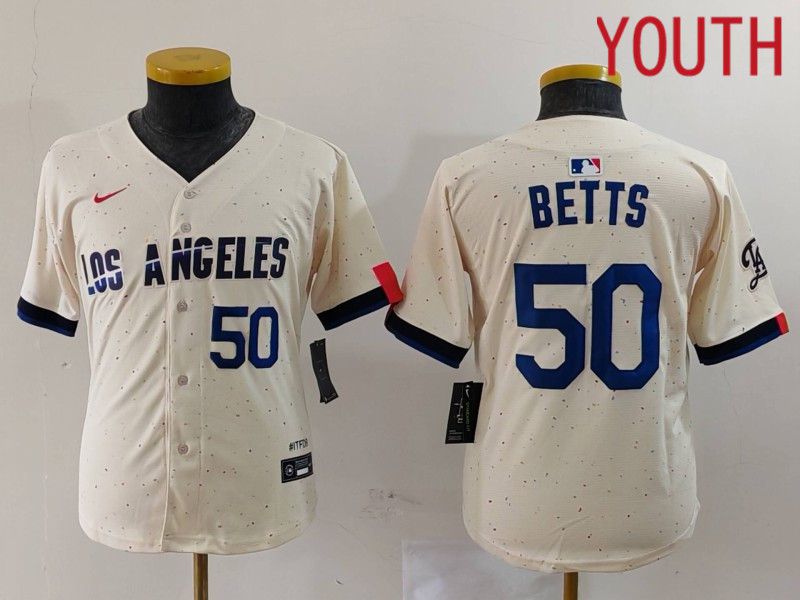 Youth Los Angeles Dodgers 50 Betts Cream Fashion Nike Game MLB Jersey style 7033